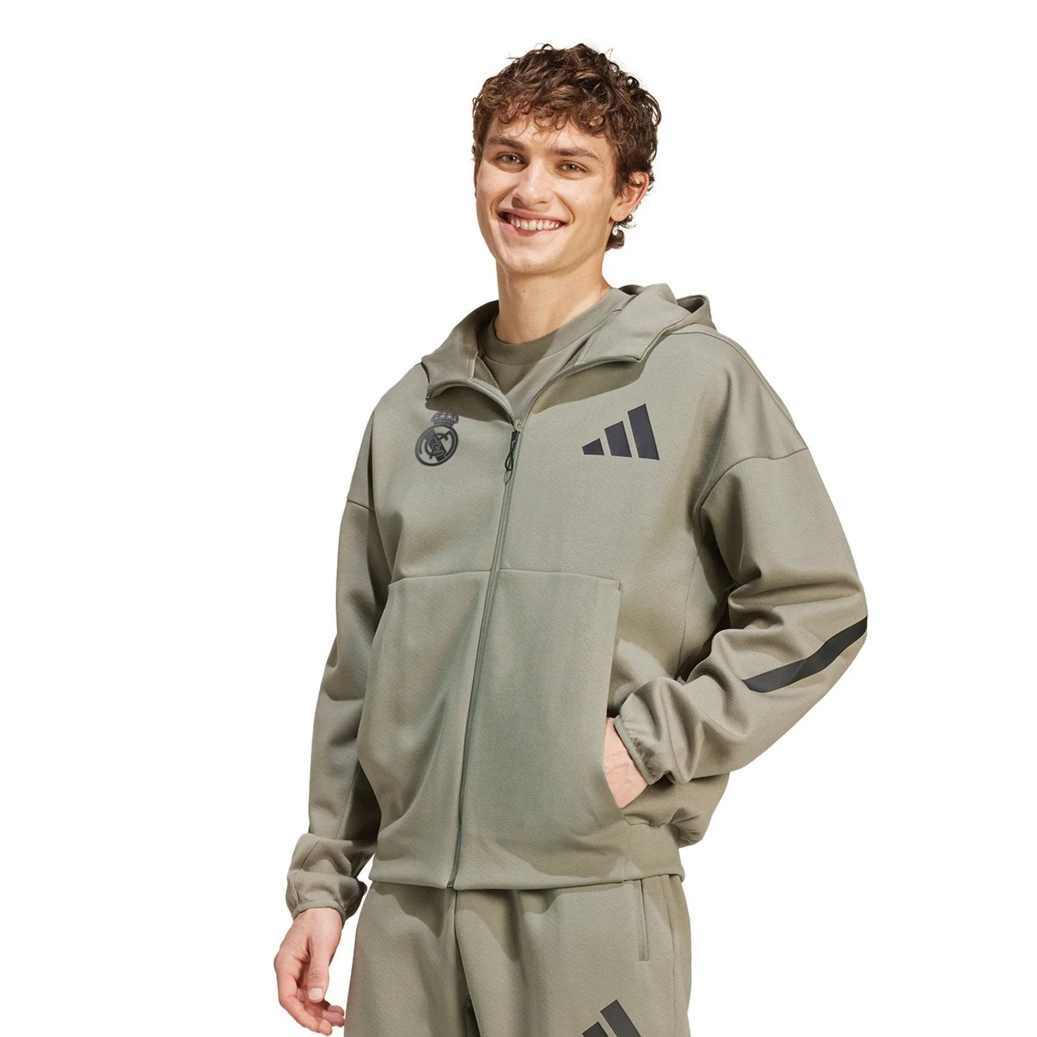 Mens adidas Real Urban Full Zip Hoodie Kakhi - Image 2