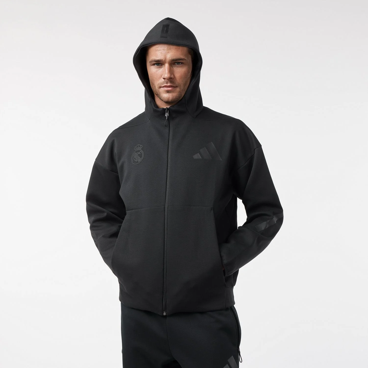 Mens adidas Real Urban Full Zip Hoodie Black - Image 3