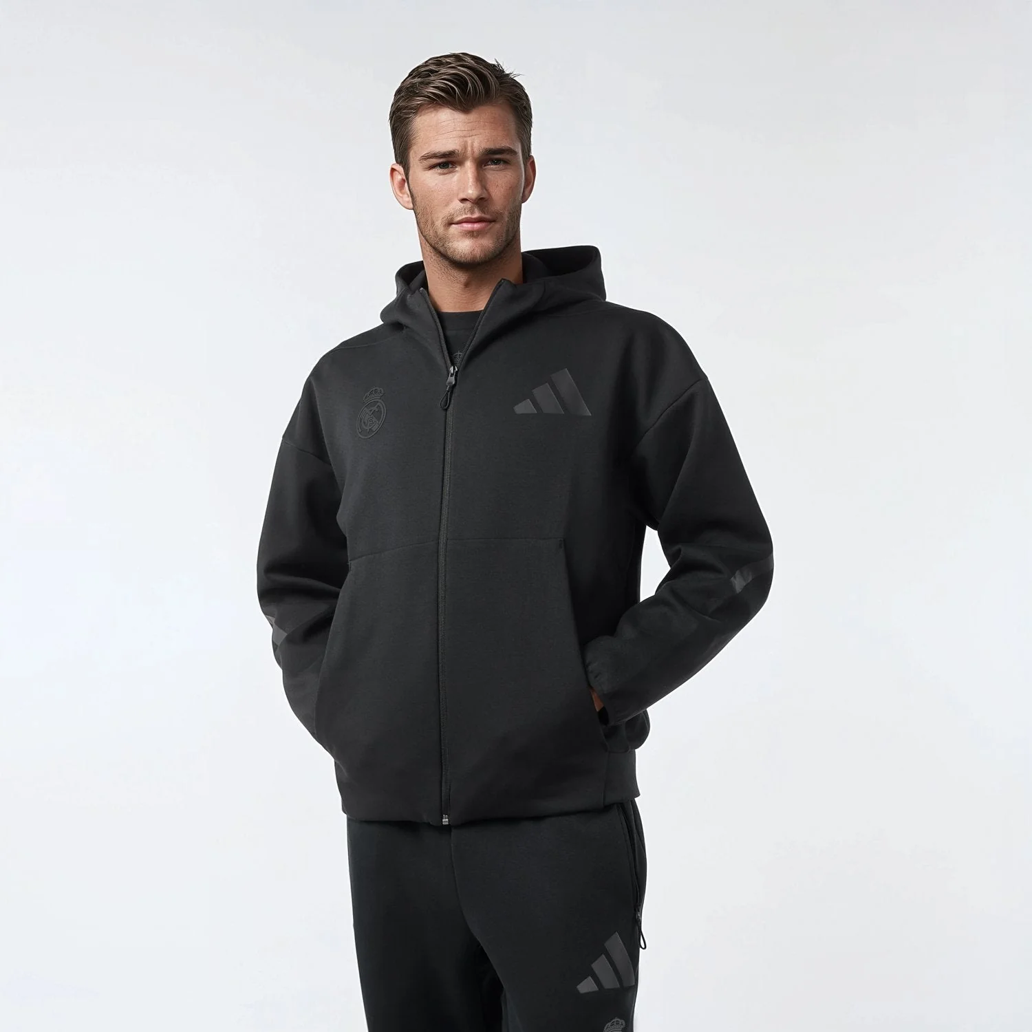Mens adidas Real Urban Full Zip Hoodie Black - Image 6